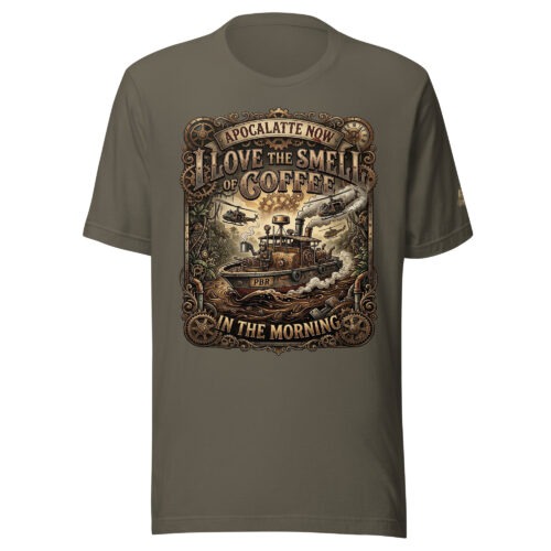Apocalatte Now funny steampunk coffee t-shirt in dark charcoal featuring a patrol boat on a river of coffee with helicopters overhead and the text I Love the Smell of Coffee in the Morning