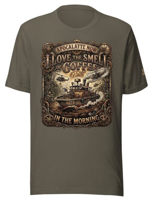 Apocalatte Now funny steampunk coffee t-shirt in dark charcoal featuring a patrol boat on a river of coffee with helicopters overhead and the text I Love the Smell of Coffee in the Morning