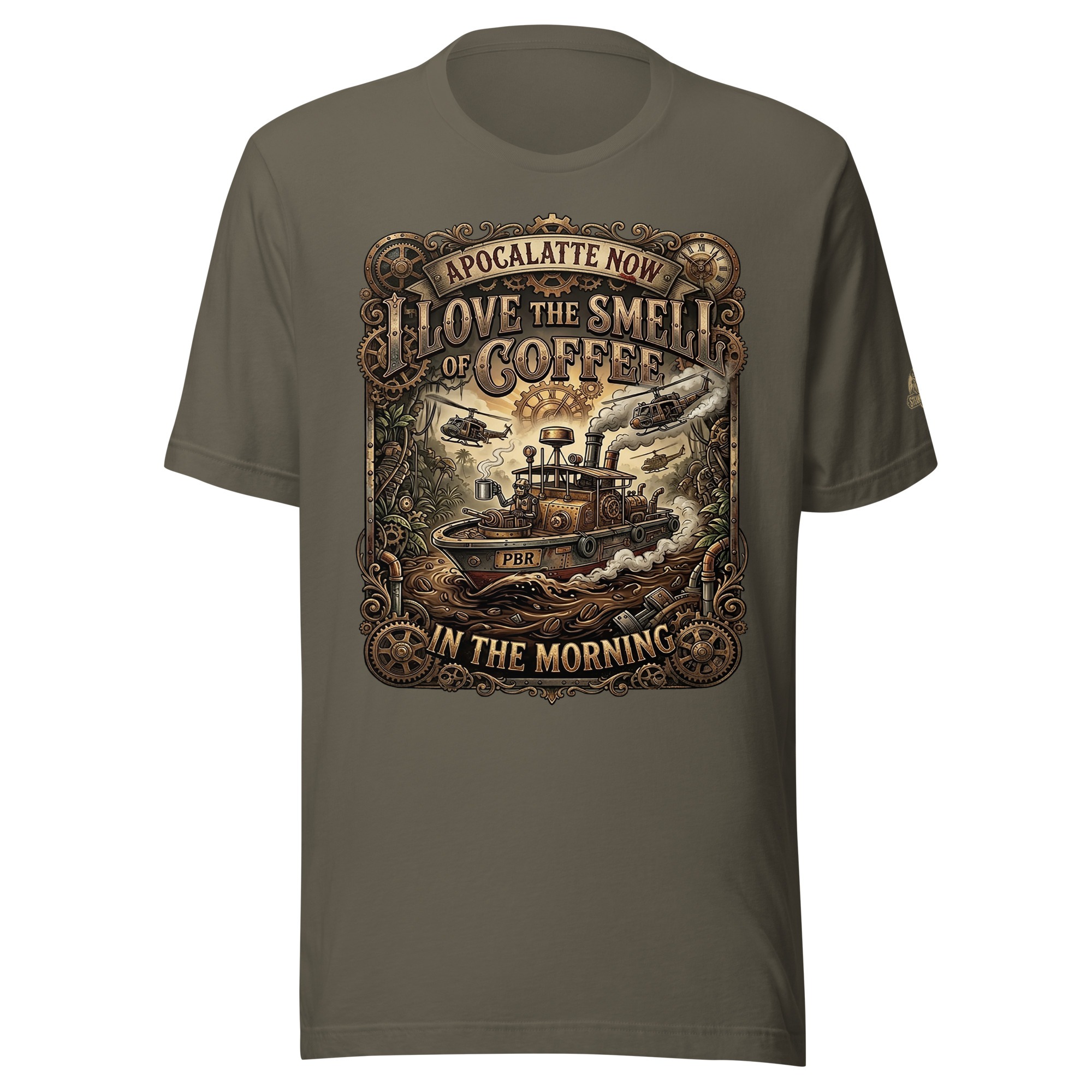 Apocalatte Now funny steampunk coffee t-shirt in dark charcoal featuring a patrol boat on a river of coffee with helicopters overhead and the text I Love the Smell of Coffee in the Morning