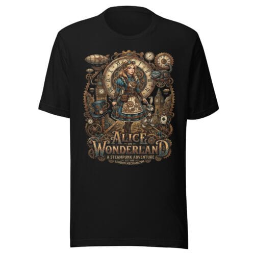 unisex-staple-t-shirt-black-front-6a4fb3511a4ac.jpg Alice in Wonderland Steampunk T-Shirt | Victorian Adventure Graphic Tee
