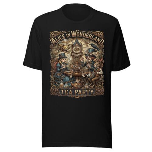 unisex-staple-t-shirt-black-front-6a4fbc05a4795.jpg Alice in Wonderland Tea Party Steampunk T-Shirt | Mad Hatter Cheshire Cat Victorian Tee | Classic Literature Graphic Shirt