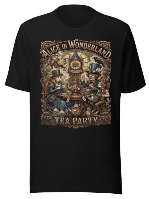 Alice in Wonderland Tea Party Steampunk T-Shirt | Mad Hatter Cheshire Cat Victorian Tee | Classic Literature Graphic Shirt